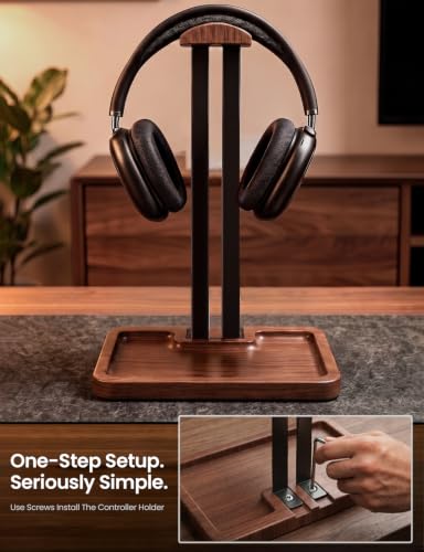LOXP Wooden Headphone Holder, Solid Stand with Non-Slip and Storage Base | Anti-Rust Gravity Arm, Hardwood Earphone Hanger for Desk, Universal Fit for Gaming Headsets, Studio Headphones