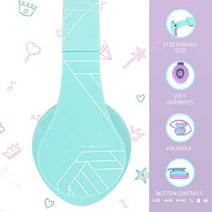 PowerLocus Kids Headphones Over-Ear, Bluetooth Wireless Headphones for Kids,with Microphone, Safe 85DB Volume Limited, Foldable with Carry Case, Audio Cable, Micro SD mode for Online Classes,PC,Phones - color: Teal