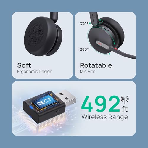 Yealink WH64 Hybrid Mono DECT Bluetooth Wireless Headset with Mic for Work | Teams Zoom Certified, Single Headphones with USB DECT Dongle for PC Mobile, 492ft Long Range, 3X Mic Noise Canceling, 26H - style: WH64 Hybrid Mono