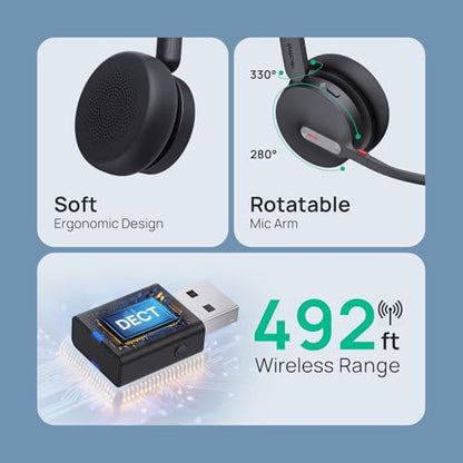 Yealink WH64 Hybrid Mono DECT Bluetooth Wireless Headset with Mic for Work | Teams Zoom Certified, Single Headphones with USB DECT Dongle for PC Mobile, 492ft Long Range, 3X Mic Noise Canceling, 26H - style: WH64 Hybrid Mono