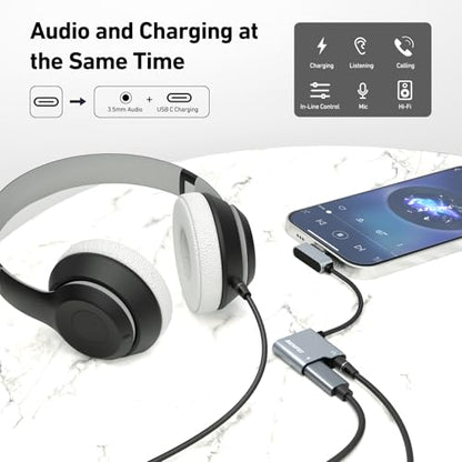 BENFEI USB C to Audio Jack Adapter with 60W Fast Charging, USB-C to 3.5mm Female Headphone Compatible with iPhone 15 Pro Max/15 Pro/15, Samsung Galaxy S24/S23/S22/S21 Ultra, iPad Pro, Pixel 8 Grey - color: grey, size: 3.5mm + PD