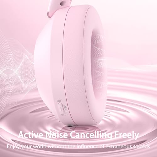Active Noise Cancelling Headphones, 100H Playtime Headphone Wireless Bluetooth, Bluetooth Headphone with Microphone, Over Ear Wireless Headphones with Deep Bass,Fast Charging for Travel - color: Pink