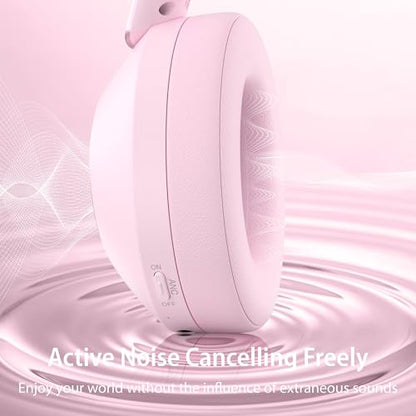 Active Noise Cancelling Headphones, 100H Playtime Headphone Wireless Bluetooth, Bluetooth Headphone with Microphone, Over Ear Wireless Headphones with Deep Bass,Fast Charging for Travel - color: Pink