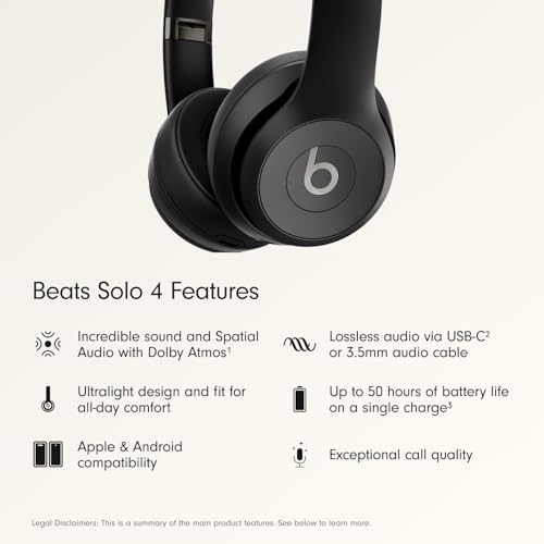Beats Solo 4 - Wireless On-Ear Bluetooth Headphones, Up to 50-Hour Battery Life, Ultra-Lightweight Comfort, Powerful and Balanced Sound, Apple & Android Compatible - Matte Black - color: Matte Black, style: Standalone