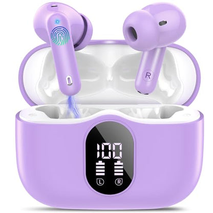 Wireless Earbuds, Bluetooth 5.4 Headphones Bass Stereo, Ear Buds with Noise Cancelling Mic, IP7 Waterproof in Ear Earphones, 36H LED Display Bluetooth Earbuds for Laptop Pad Phones, Pale Violet | Ear Buds with Noise Cancelling Mic LED Display, 36H, IP7 Wa