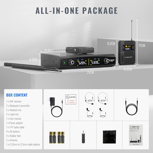 Phenyx Pro UHF Wireless Microphone System w/ 2x30 Tunable Frequencies, Metal Cordless Mic Set, 200 ft Range,2 Bodypacks & Headsets/Lapel Mics for Speaking, Singing, Church, DJ (PTU-52-2B)