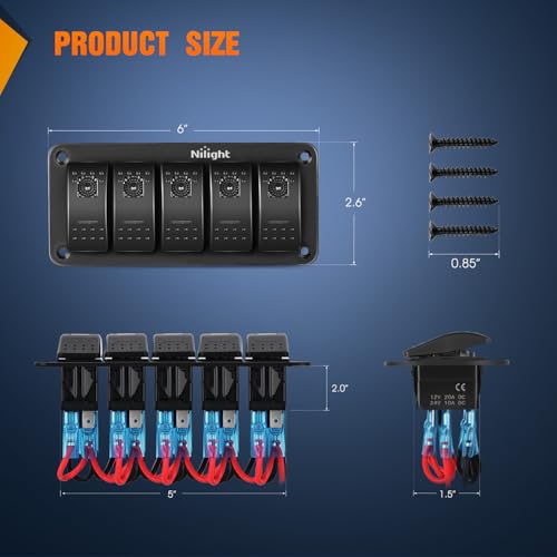 Nilight 5 Gang Rocker Switch Panel w/Purple LED Light 5Pin On Off Pre-Wired | Aluminum Toggle Switches Waterproof for 12V/24V Cars Marine Boats ATVs Trailers RV Trucks - color: Purple, size: 5 Gang