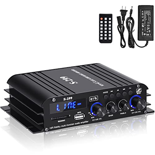 S299 Max 800W Bluetooth Home Audio Amplifier, RMS 40Wx4 4.1CH Bluetooth | Power Amplifier with Active Subwoofer, Sound Audio System w/AUX, Headphone Jack, USB, SD, Remote Control