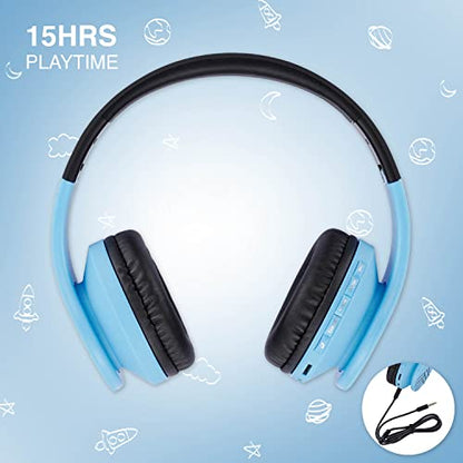 PowerLocus Bluetooth Headphones for Kids, Wireless Foldable Headphones Over Ear, Headphone with Microphone, 85DB Volume Limit, Wireless and Wired Headset with Micro SD, FM for Cellphones, Tablets, PC - color: Blue