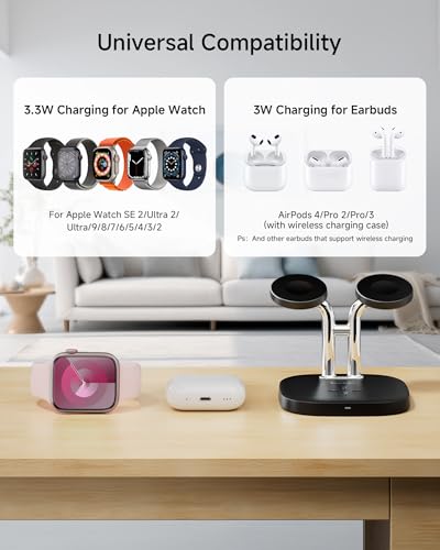 3 in 1 Dual Watch Wireless Charger Stand for Apple Watch Ultra/11 & AirPods | Dual magnetic watch charging, 5W Fast watch charge, Ergonomic design, Chrome plated plastic stand, Multi safety guard, 704A - color: Black & Silver