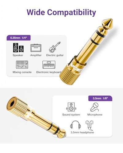VCE 3.5mm to 1/4 Adapter Stereo Headphone Adapter, 24K Gold-Plated, 2-Pack | Seamless Audio Connection, Premium Sound Fidelity, Secure TRS Connection for Aux Cable, Guitar Amplifier, Headphone - color: Black