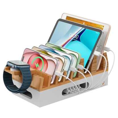 Pezin & Hulin Bamboo Charging Station with 5 Cables-Natural+White - color: Natural + White