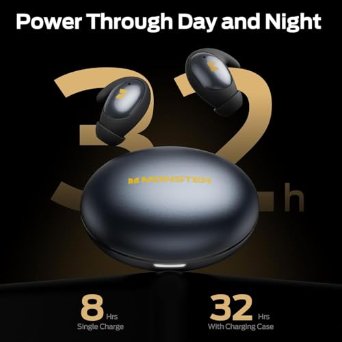 Monster Sleep Ear100 Ear Buds, Sleep Headphones with Stereo Sound, Design for Side Sleeper, 32H Playtime, Bluetooth 6.0, ENC Noise Cancelling, IPX6 Waterproof Mini Earbuds, Black