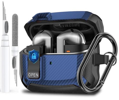 Galaxy Buds 3 Pro/3/3 FE Case Cover with Secure Lock Clip, Shockproof Samsung Galaxy Buds3/3 Pro 2024/3 FE 2025 Protective Hard Cover Shell with Carabiner&Cleaner kit for Men Women, CF Black/Blue - color: AA-Black/Blue