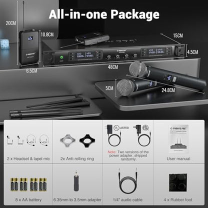 Phenyx Pro 4-Channel UHF Auto Scan Wireless Microphone System PTU-7000-2H2B | 2 Handheld Mics, 2 Bodypacks, Headset/Lapel Mics, 4 x 40 Frequencies, 328 ft, Mics for speaking, church, wedding, meeting