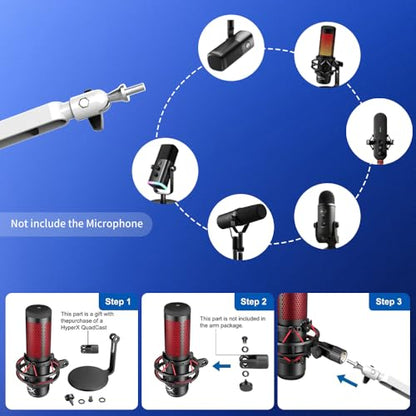 Low Profile Mic Arm Microphone Boom Arm Professional Adjustable with 15cm Riser Solid Desk Mount Clamp Cable Management Microphone Holder Stand for Podcast Streaming Gaming Mic Stand White - color: white