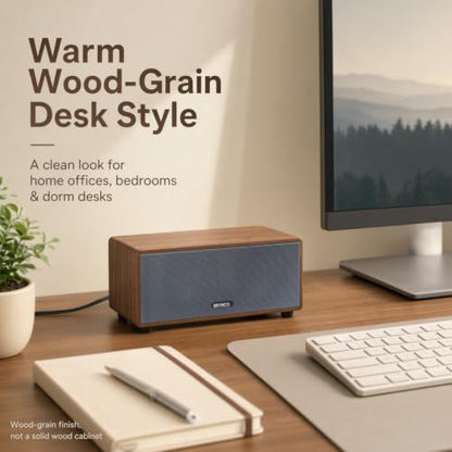 Wood-Grain Computer Speakers for Desktop PC, 10W Wired USB-Powered Speaker with 3.5mm AUX Jack, Plug & Play Clear Stereo Audio, Compact Brown Desk Speaker with In-Line Volume Control for Home Office