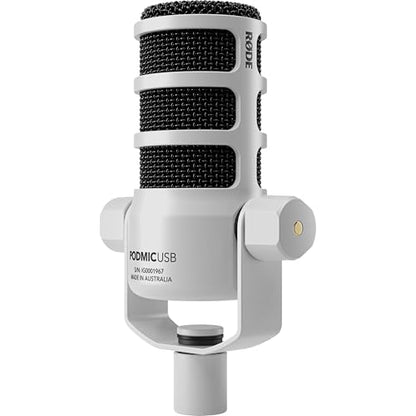 Rode PodMic USB White + Tripod Boom Stand - Podcast Microphone Bundle