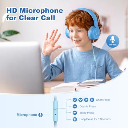 AILIHEN I35 Kids Headphones for School with Mic, 93dB Safe Volume, Lakeblue | Wired On Ear Headphones for Girls Boys, 3.5mm Foldable Lightweight for Classroom Chromebook, Laptop, Computer, Tablet - color: Lagoon Blue