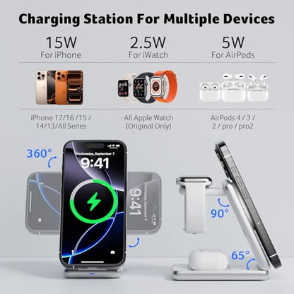 Acer 3 in 1 Charging Station for iPhone, Wireless Charger Stand,15W Fast MagSafe Charger for iPhone 17 16 15 14 13 12 Series-Apple Watch 11 10 9 8 7 6 5 4 3 2 SE and Ultra Series-Airpods 4 3 2 Pro - color: S3-White