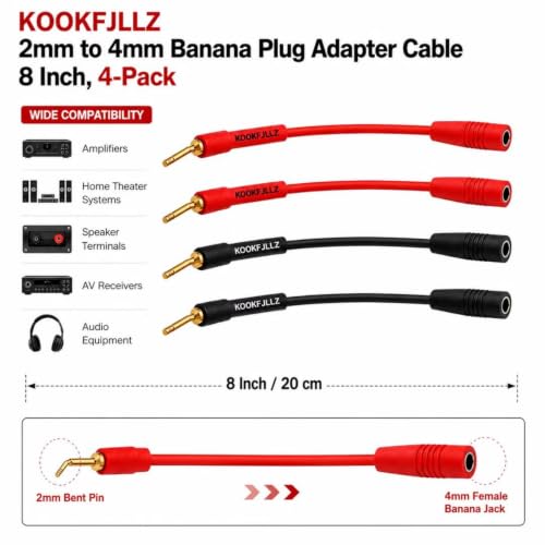 2mm Pin Plug to 4mm Female Banana Jack Adapter, 13AWG OFC Gold Plated Speaker Wire Connector for Spring Loaded Terminals Amplifier Home Theater, 8 Inch (4-Pack)