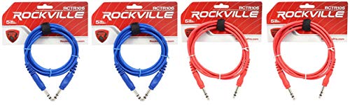 Rockville RCTR106 6' 1/4'' TRS to 1/4'' TRS Balanced Cable, 4-Pack | 2 Red & 2 Blue, 100% Copper Conductors, OFC Spiral Shield, Nickel-Plated 1/4" TRS Connectors, 4-Items