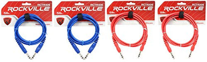 Rockville RCTR106 6' 1/4'' TRS to 1/4'' TRS Balanced Cable, 4-Pack | 2 Red & 2 Blue, 100% Copper Conductors, OFC Spiral Shield, Nickel-Plated 1/4" TRS Connectors, 4-Items