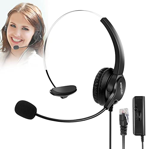 AGPTEK® Hands-Free Call Center Noise Cancelling Corded Headset | with Microphone, Monaural Headset Headphone for Desk Telephone, with 4-Pin RJ9 Crystal Head - size: Monaural Headset