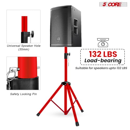 5 Core Speaker Stand Pair Universal Mount Steel Construction 132 Lb Capacity Stable Tripod w/Adjustable Height 36” w 35mm Compatible Insert Metal Safety Pin Included Bag - color: RED