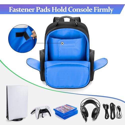 PGmoon Console Backpack Compatible with Playstation 5/PS5 Slim/PS5 Pro | Travel Carrying Case Bag with Protective Liner, Fits 15.6" Laptop, Controllers and Most Gaming Accessories (Patent Design) - color: Blue