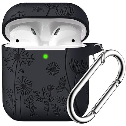 Lerobo for AirPod Case 2nd/1st Generation with Keychain | Flower Engraved Soft Silicone Cover for AirPods 2 Case, Wireless Charging, Scratchproof, One-piece Design, Black - color: Black