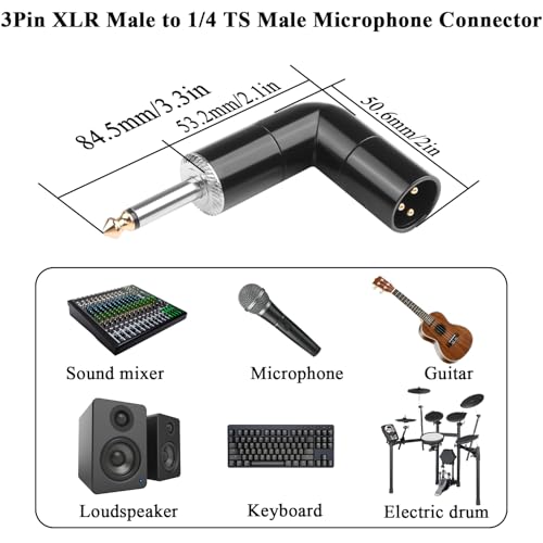 QIANRENON Adjustable 90° Angle XLR to TS 6.35mm Microphone Unbalanced Adapter 3Pin XL-R Male to 1/4" TS Male Mono Right Angle Audio Connector XLR Direction 360° Change, for Guitar Mixer Amplifier