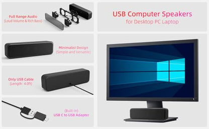 Computer Speakers for Desktop PC, External Speakers for Laptop, Mini Computer Soundbar for PC, Wired USB Plug in Speakers with Loud Sound, Deep Bass, Wide Compatibility – Bult-in USB C to USB Adapter