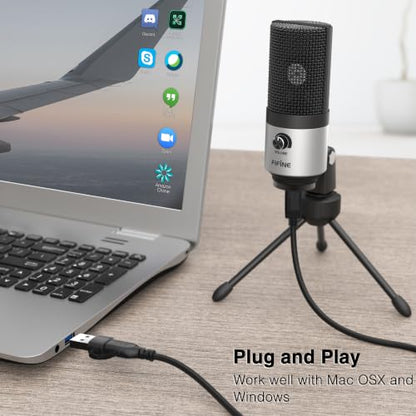 FIFINE K669 Silver USB Microphone for Zoom Video Meeting Online Class | Metal Condenser Mic, Gain Knob Control, USB Plug and Play, Work with Desktop/PC - color: Silver