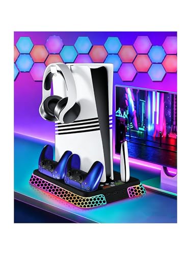 PS5 Stand with Hexagon RGB Aesthetics,PS5 Cooling Station for PlayStation 5 Slim Pro Disc Digital Console with Cooling Fan,Dual Controller Fast Charger USB Hub Headset Holder Game Storage (Black)