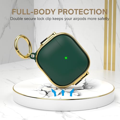 for AirPods 4 Case with Safety Lock, Magsafe Compatible, Green Gold | Double Secure Lock,Drop Protection,Two-Piece Design,with Gold Keychain, Anti Lost, Dustproof, Cute AirPod 4 Case - color: Green + Gold, size: AirPods 4 Case