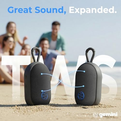 Gemini Mini Bluetooth Speaker, Waterproof, Clip-On, 12-Hr Play (BeatOrb) | IPX7 waterproof mini speaker, clip-on - 12 hr battery, USB-C - true wireless stereo - 0.44 lb, strap
