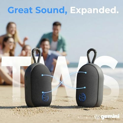 Gemini Mini Bluetooth Speaker, Waterproof, Clip-On, 12-Hr Play (BeatOrb) | IPX7 waterproof mini speaker, clip-on - 12 hr battery, USB-C - true wireless stereo - 0.44 lb, strap