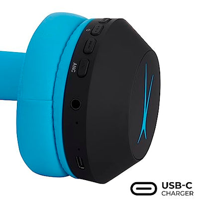 Altec Lansing Kid Safe Noise Cancelling Wireless Headphones 15H Battery, 85dB Volume Limit, Foldable Design Powerful Sound, Active Noise Cancellation Perfect for Kids Ages 7+ - color: Blackout Rockstar Blue