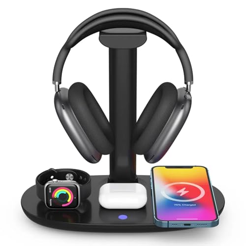 4 in 1 Wireless Charger with Headphone Stand Headset Holder & Station Dock for Apple Watch, AirPods Max/Pro/Pro 2/AirPods 4/ iPhone 16/15/14/13/12 LG, Samsung Galaxy