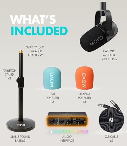 Movo Podcast Equipment Bundle - Phantom USB Audio Interface, 2 CastMic XLR Dynamic Microphones, and 2 Tabletop Stands - Complete Studio Setup for Professional Podcasting and Streaming - style: with 2 Microphones and Desk Stands