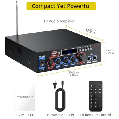 PROZOR 800W Bluetooth 5.0 Stereo Audio Amplifier, 2 Channel Home Audio Receiver with FM Radio, USB, SD/TF Card, AUX, Dual Mic Inputs, HiFi Power Amplifier for Passive Speakers, Home Theater, Car Audio