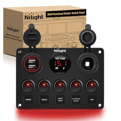 Nilight 5 Gang Multi-Function Rocker Switch Panel On Off SPST Toggle | 12V 12V/20A 24V/10A Dual USB Charger LED Voltmeter Cigarette Lighter for LED Light Bar Rear Rock Lights Trucks RV Boats 4X4 Red - color: Red