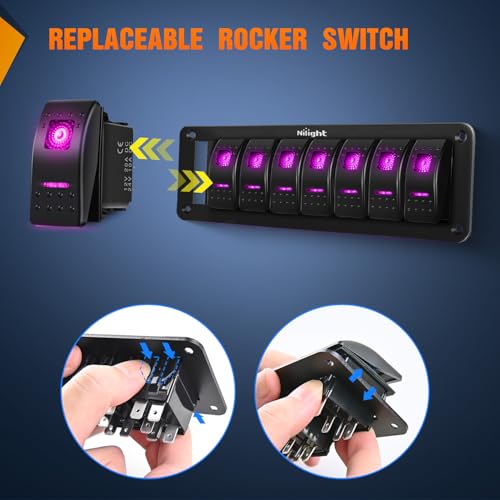 Nilight 8 Gang Rocker Switch Panel w/Purple LED Light 5Pin On Off Pre-Wired | Aluminum Toggle Switches Waterproof for 12V/24V Cars Marine Boats ATVs Trailers RV Trucks - color: Purple, size: 8 Gang
