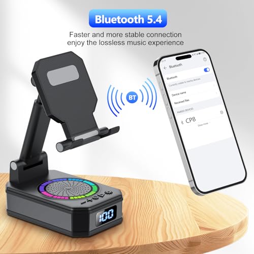 Gifts for Men Women, Cell Phone Stand with Wireless Bluetooth Speaker and Colorful LED Lights, 4-in-1 Multifunctional Phone Holder Support Fast Charging, Adjustable Desktop Stand, Best Gifts - color: Ink Black