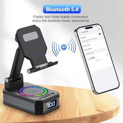 Gifts for Men Women, Cell Phone Stand with Wireless Bluetooth Speaker and Colorful LED Lights, 4-in-1 Multifunctional Phone Holder Support Fast Charging, Adjustable Desktop Stand, Best Gifts - color: Ink Black