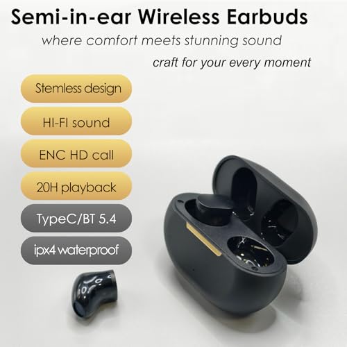 TINGER Mini Semi-in-Ear Bluetooth 5.4 Earbuds- 20H Battery Life Wireless Headphones, Ultra-Compact Design with Clear Calls, Sweatproof for Running/Gym/Travel - color: Black
