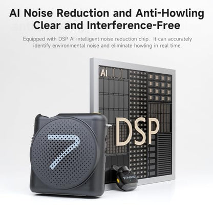 7RYMS WA2 Wireless Voice Amplifier for Teachers with Magnetic Lavalier Mic, Wireless Portable Amplifier with Noise Canceling, Mini Voice Amplifier for Classroom, Meeting, Training, Speech (Black) - color: Black
