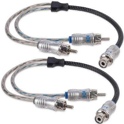 NVX® XIX2M Oxygen Free Copper 1 Female to 2 Male Y-Adapter Double Twisted Pair X-Series Car Audio RCA Audio Cable with Shielded Noise Reduction and Split-tip Silver-Plated Machined Ends (2-Pack) | Oxygen Free Copper Double Twisted Pair X-Series with Shiel