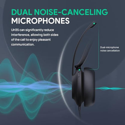 Yealink UH35 USB Wired Headset, Noise Cancelling Mic,Call & Music Control, | Teams/Zoom Certified,Professional Stereo Headphons, Lightweight Design, Busylight, PC/Laptop/IP Phone, Office, Home,On-ear - style: USB Headset UH35